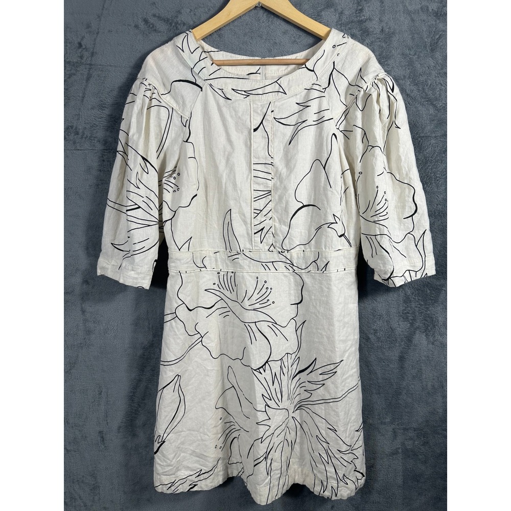 Banana Republic Linen Blend Shift Dress 14 White Floral Puff Sleeve Coastal